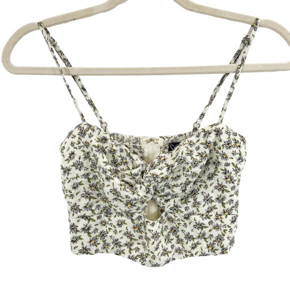 Windsor S White Floral Twist Keyhole Smocked Spaghetti Strap Cami Crop Top - Picture 2 of 7